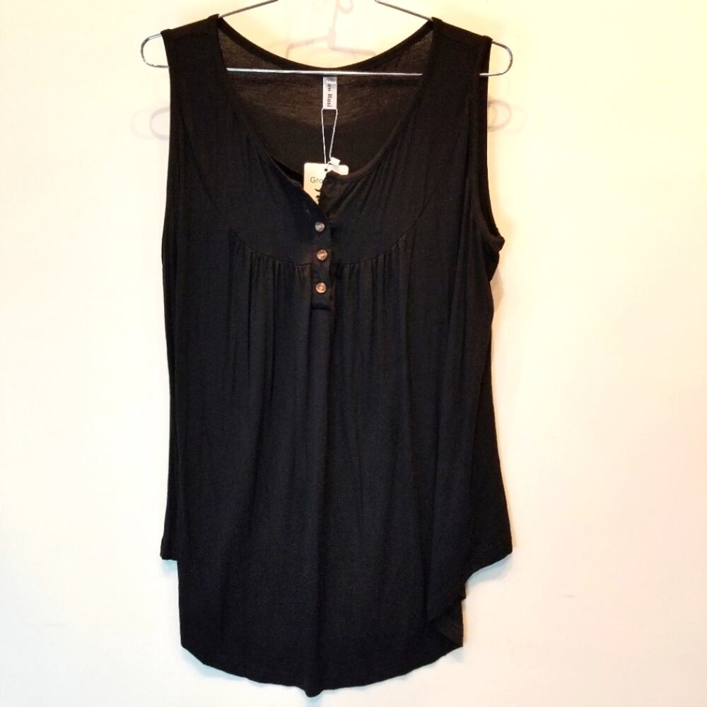Leo Rosi Top‎ Plus 2X Tank Sleeveless Lightweight Button Black Minimalist NWT